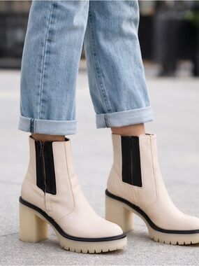 Cream Chelsea Heeled Ankle Boots with Black Elastic Panels